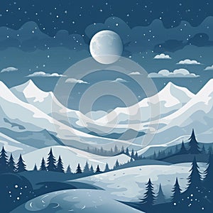 winter landscape with snow covered mountains and a full moon