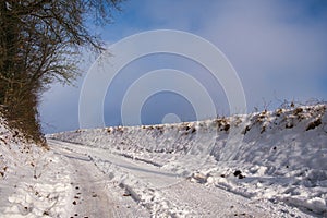 Winter landscape with snow-covered road against a cloudy blue sky in Lasne, Belgium photo