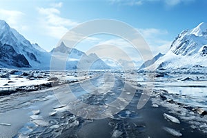 Winter landscape with snow covered road and mountains