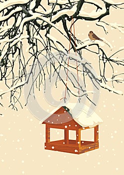 Winter landscape with snow covered tree and bird