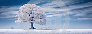 Winter landscape with a snow-covered tree and blue sky in the background