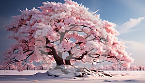 Winter landscape snow covered tree branches in a pink sunset generated by AI