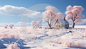 Winter landscape snow covered tree, frozen meadow, old cottage, beautiful sunset generated by AI