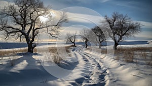 Winter landscape snow covered tree, frozen river, tranquil beauty generated by AI