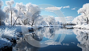 Winter landscape snow covered tree reflects in tranquil frozen pond generated by AI