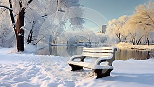 Winter landscape, snow covered tree, tranquil bench, frozen pond generated by AI