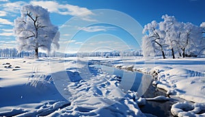 Winter landscape snow covered tree in tranquil forest, frozen branch generated by AI