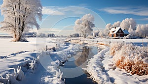 Winter landscape snow covered tree in tranquil forest, frozen meadow generated by AI