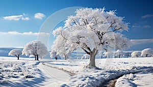 Winter landscape snow covered tree in tranquil forest generated by AI