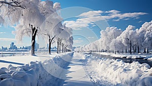 Winter landscape snow covered tree in a tranquil meadow generated by AI