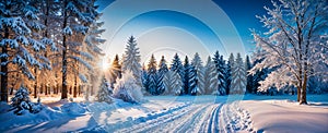 Winter landscape with snow covered trees.