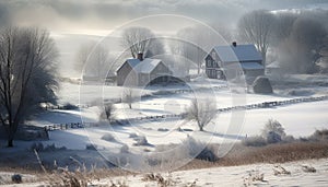 Winter landscape snow covered trees, frosty fog, abandoned hut mystery generated by AI