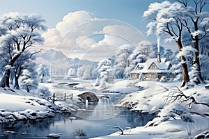 Winter landscape with snow covered trees and houses in the countryside. Panorama. AI Generated Generative AI photo