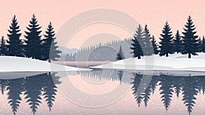 Winter Landscape With Snow Covered Trees And Lake Reflection