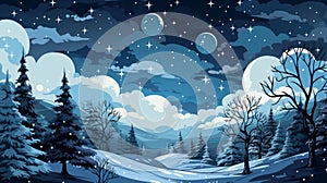 winter landscape with snow covered trees and stars in the sky