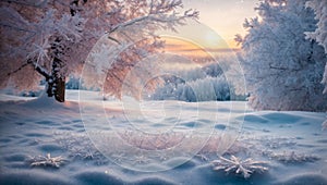 Winter landscape with snow covered trees and sunset in the background