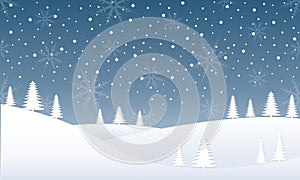 Winter landscape with snow, fir trees and snowflakes. Christmas and winter holidays background for greeting card design. Vector il