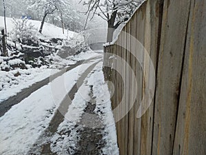 Winter landscape with snow . Merry Christmas and happy New Year greeting card with copy - space .