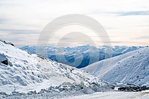 Winter landscape of snow mountain against blue sky in South island, New Zealand