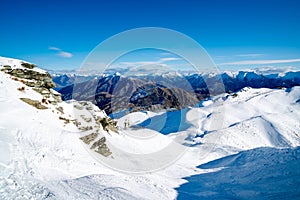 Winter landscape of snow mountain against blue sky in South island, New Zealand