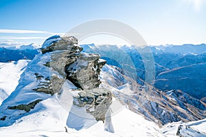 Winter landscape of snow mountain against blue sky in South island, New Zealand