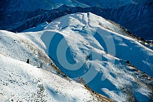 Winter landscape of snow mountain against blue sky in South island, New Zealand