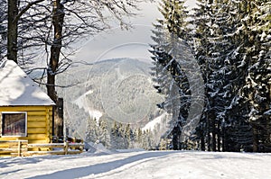 Winter landscape with snow in a mountain valley. Cabin in the woods. Carpathians, Ukraine, Europe