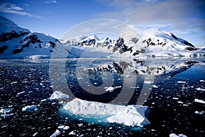 Winter landscape, snowcapped mountains reflecting in blue water, ice flows, Lemaire Channel near Paradise Bay photo