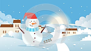 Winter landscape with snowman, cartoon flat frost village snowscape, funny snowman in red hat