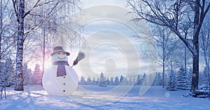 Winter landscape with Snowman, Christmas background