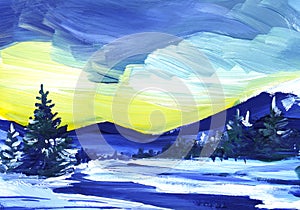 Winter landscape. The snowy field is a dark, winding river. High dark blue silhouettes of fir trees on a background of yellow sky.