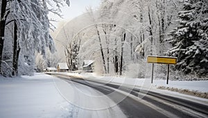 Winter landscape, snowy forest, slippery road, frozen trees generated by AI