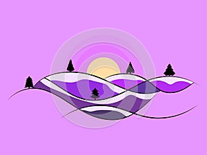 Winter landscape with snowy hills and fir trees. Landscape in line art style. Mountain sunrise in a minimalist style. View of the
