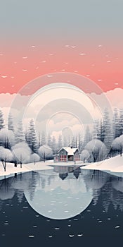 Winter Landscape: Snowy House By Lake - Contemporary Fairy Tale Illustrations