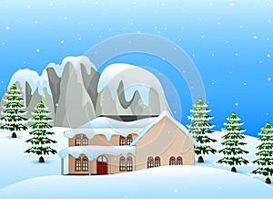 Winter landscape with snowy house and snow covered rocks