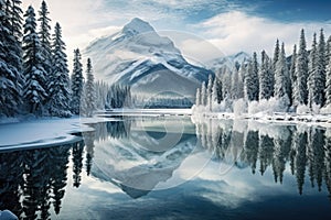 Winter landscape of snowy mountains with lake and pine trees