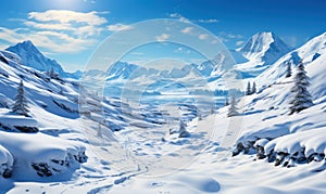 Winter landscape with snowy mountains and snow-covered forest