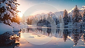 Winter Landscape, Snowy Trees and Lake in Pristine Surroundings, A dreamy twilight landscape with twinkling starlight reflecting