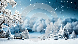 Winter landscape with snowy trees and snowflakes. 3d rendering