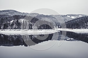 Winter landscape at Soesetalsperre in Harz Mountains National Park, Germany. Moody snow scenery in Germany