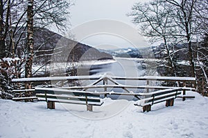 Winter landscape at Soesetalsperre in Harz Mountains National Park, Germany. Moody snow scenery in Germany