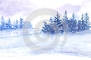 Winter landscape with spruces nature background illustration with snow, fir trees, ice