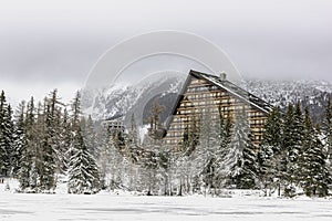 Winter landscape at Strbske Pleso Lake in Slovakia Tatra Mountains