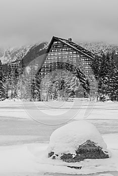 Winter landscape at Strbske Pleso Lake in Slovakia Tatra Mountains