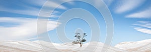 Winter landscape in the style of minimalism. Lonely tree and snowy hills against the blue sky with clouds. Banner format.