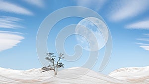 Winter landscape in the style of minimalism. Lonely tree, snowy hills against the blue sky with clouds and moon.