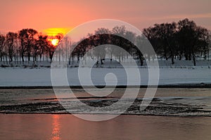 Winter landscape at sunset