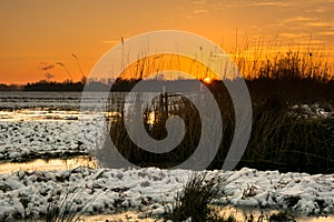 Winter landscape with sunset