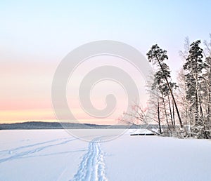 Winter landscape at sunset.