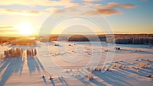 Winter Landscape Sunset Aerial View - Scenic 3d Panorama